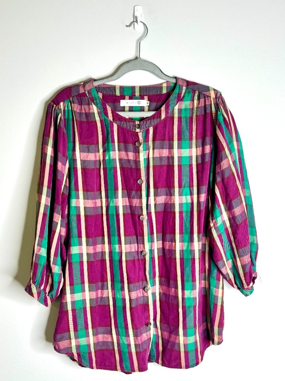 Billy T Plaid Puff Sleeve Button-Front Top Preppy Cabin Granola Girl Sz XL